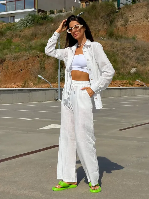 White_Summer_Two_Piece_Shirt_&_Pants_For_Women_&_Girls