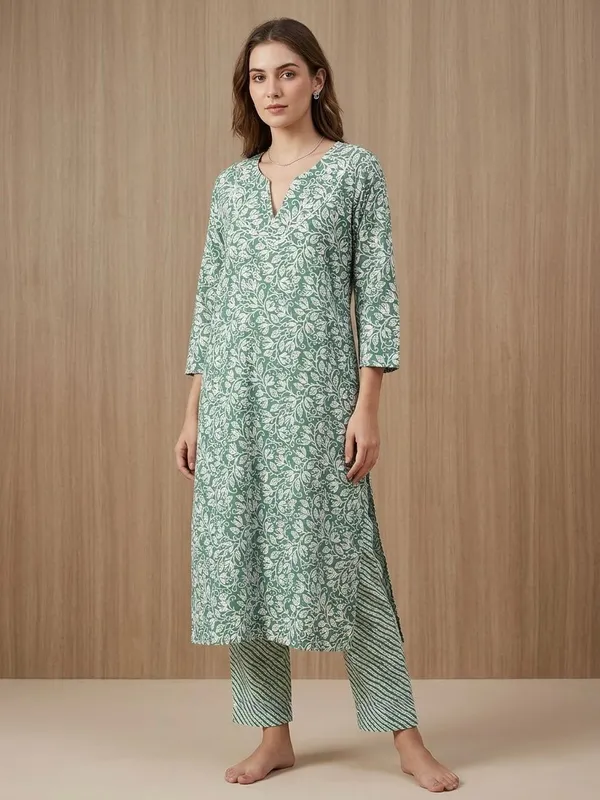 Green_Floral_Print_Kurta_And_Striped_Pant_Set