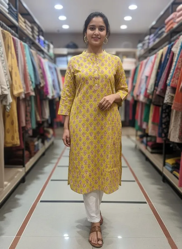 Yellow_Floral_Print_Cotton_Kurta_For_Women