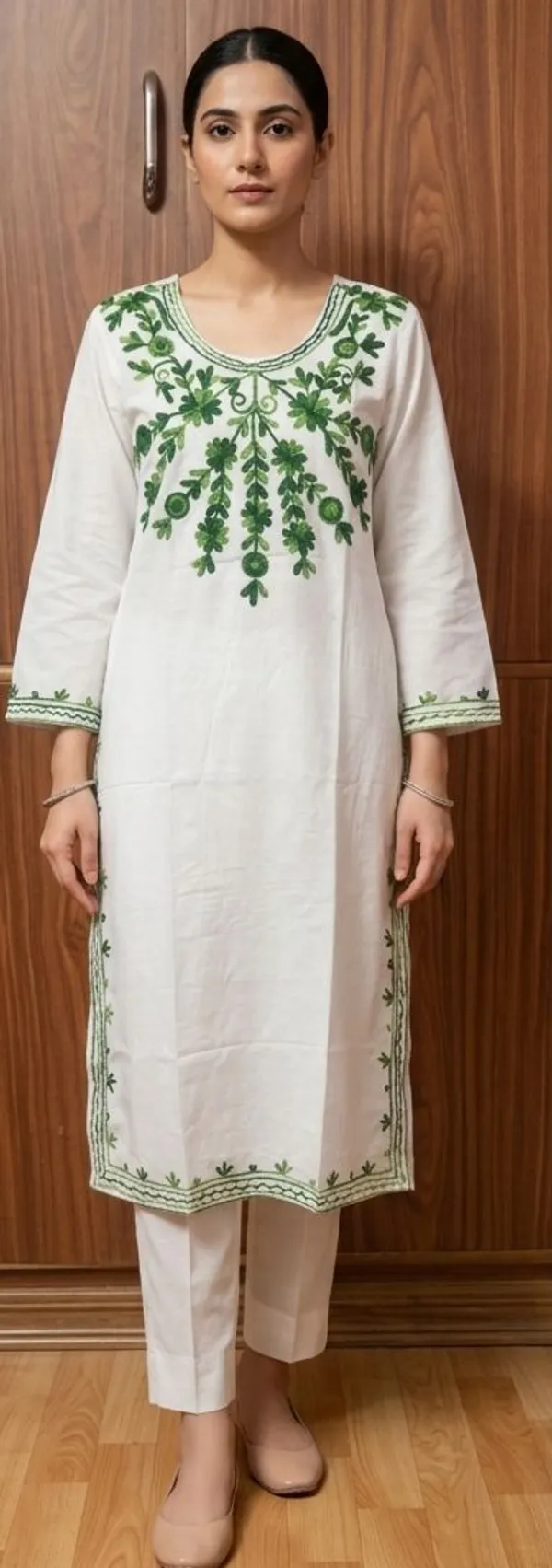 White_Kurta_Set_With_Green_Floral_Embroidery