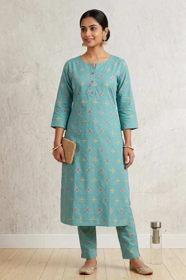Turquoise_Blue_Floral_Print_Cotton_Kurta_Set_with_Matching_Pants