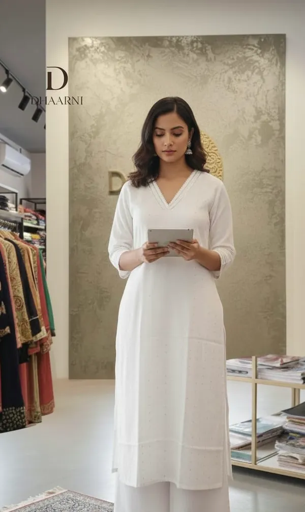 White_Sequence_Cotton_Kurta_With_V_Neck_By_Silver_Gota_And_Plazzo_Pants