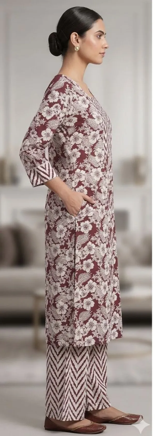 Floral_Print_Kurta_Set_With_Chevron_Palazzo_-_Maroon