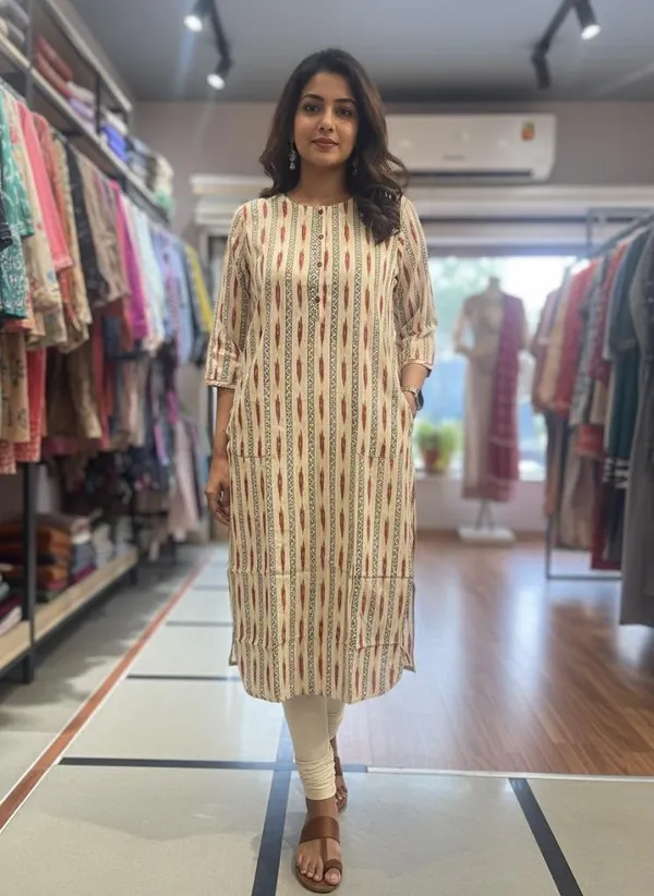 Beige_Pinstripe_Kurti_With_Button_Detail_And_Front_Pocket