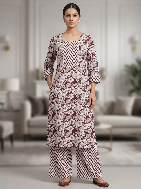 Floral_Print_Kurta_Set_With_Chevron_Palazzo_-_Maroon