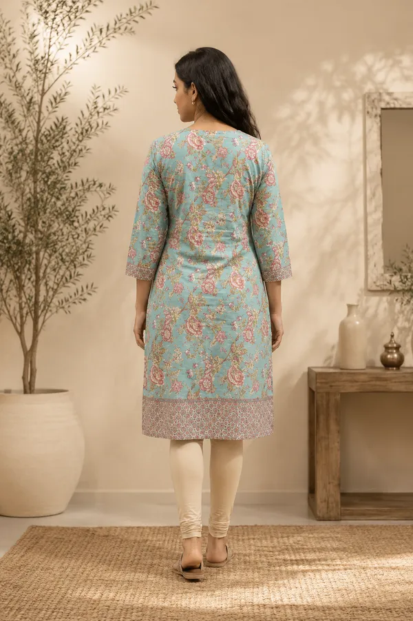 Turquoise_Blue_Floral_Print_Kurti_With_Border