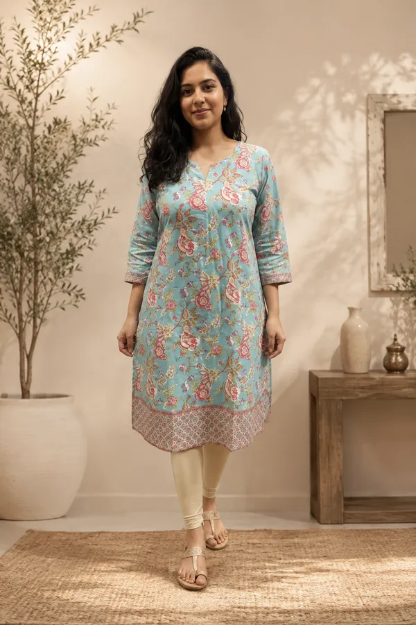 Turquoise_Blue_Floral_Print_Kurti_With_Border