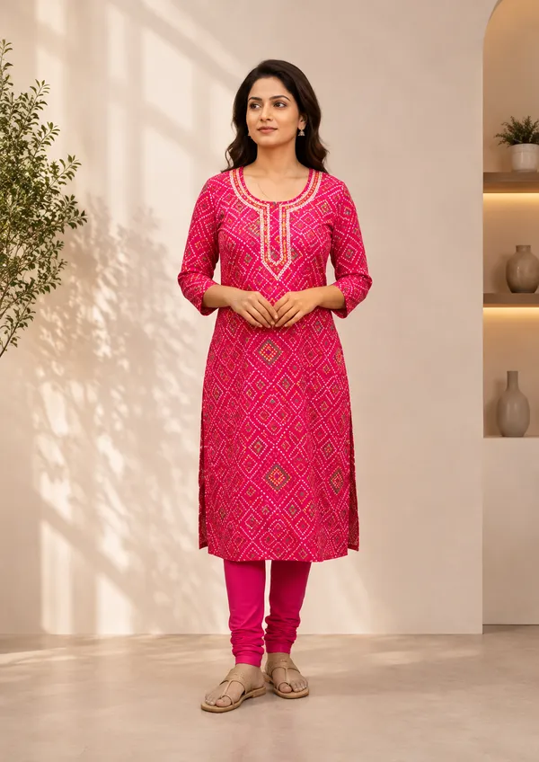 Red_Bandhani_Print_Kurti_with_Embroidered_Neckline_For_Women