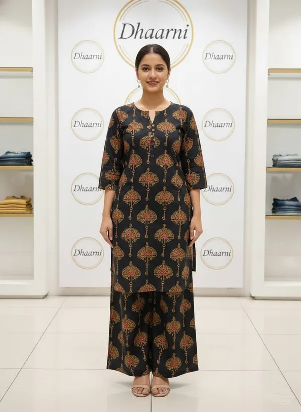 Navy_Blue_Printed_Kurta_And_Palazzo_Co_Ord_Set_With_Tree_Motif