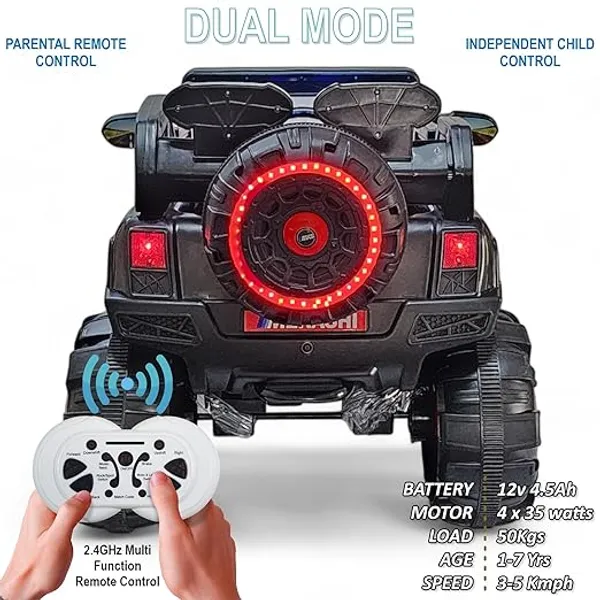 2188_Electric_Ride_on_Car_JEEP_for_Kids_𝟰𝗫𝟰,_Parental_Remote,_12V_Rechargeable_Battery,_3_Speed,_LED_Lights,_Music,_Bluetooth,_1_to_7_Years,_Swing_Function,_Dual_Control_Mode,_ISI_Mark.