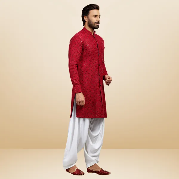 Maroon_Cotton_Rayon_Embroidered_Kurta_&_Pesawari_Set_|_For_Men
