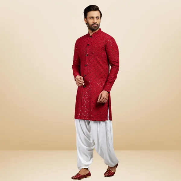 Maroon_Cotton_Rayon_Embroidered_Kurta_&_Pesawari_Set_|_For_Men