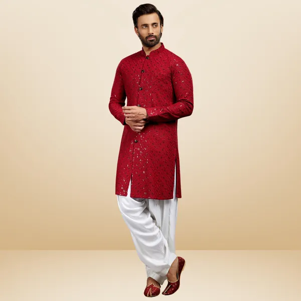 Maroon_Cotton_Rayon_Embroidered_Kurta_&_Pesawari_Set_|_For_Men