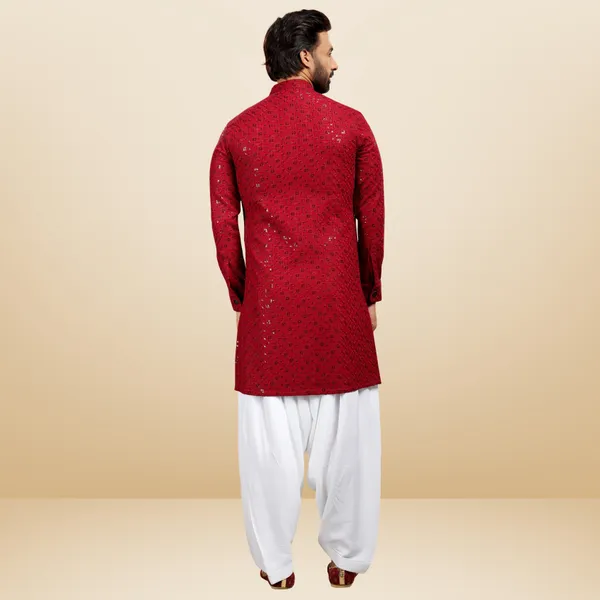 Maroon_Cotton_Rayon_Embroidered_Kurta_&_Pesawari_Set_|_For_Men
