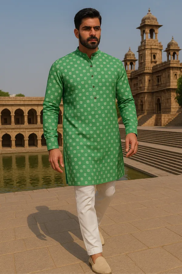 Green_Printed_Cotton_Kurta_|_For_Men