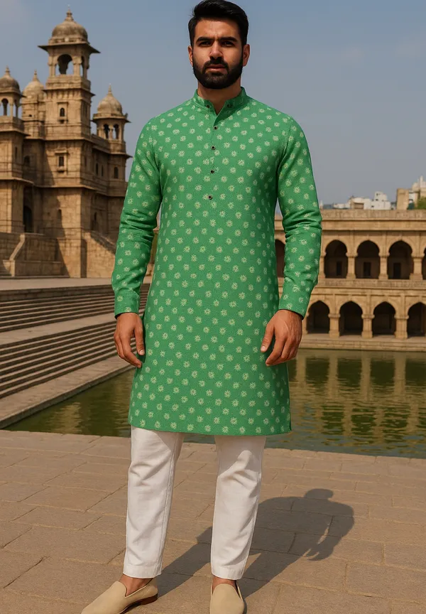 Green_Printed_Cotton_Kurta_|_For_Men