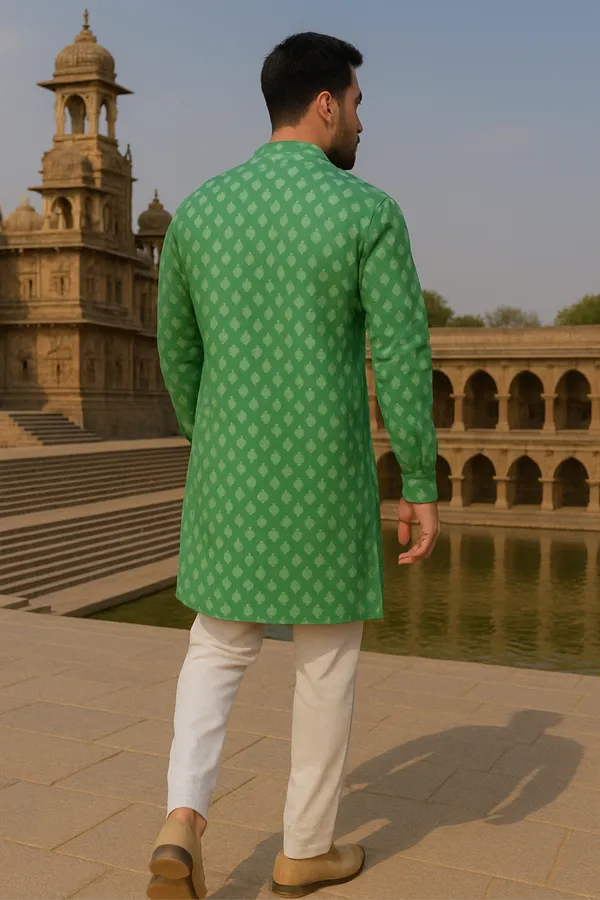 Green_Printed_Cotton_Kurta_|_For_Men