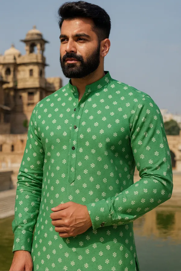 Green_Printed_Cotton_Kurta_|_For_Men