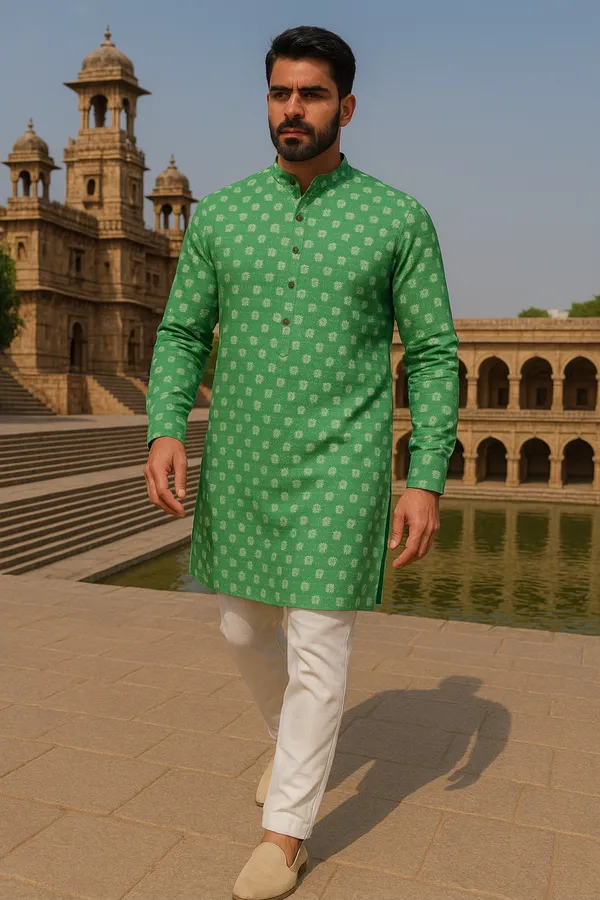 Green_Printed_Cotton_Kurta_|_For_Men