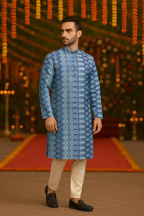 Blue_Printed_Linen_Flex_Kurta_|_For_Men