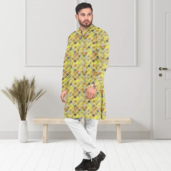 Yellow_Printed_Linen_Flex_Kurta_|_For_Men