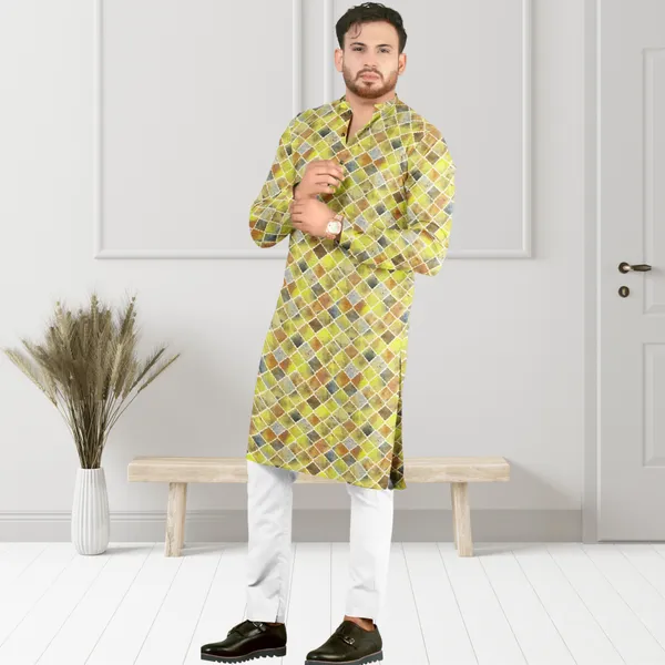 Yellow_Printed_Linen_Flex_Kurta_|_For_Men