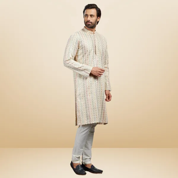 Fawn_Semi_Linen_Embroidered_Kurta_&_Pajama_Set__|_For_Men
