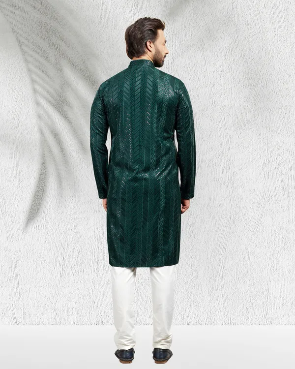Bottle_Green_Sequins_Embroidery_Kurta_&_Pajama_Set_|_For_Men
