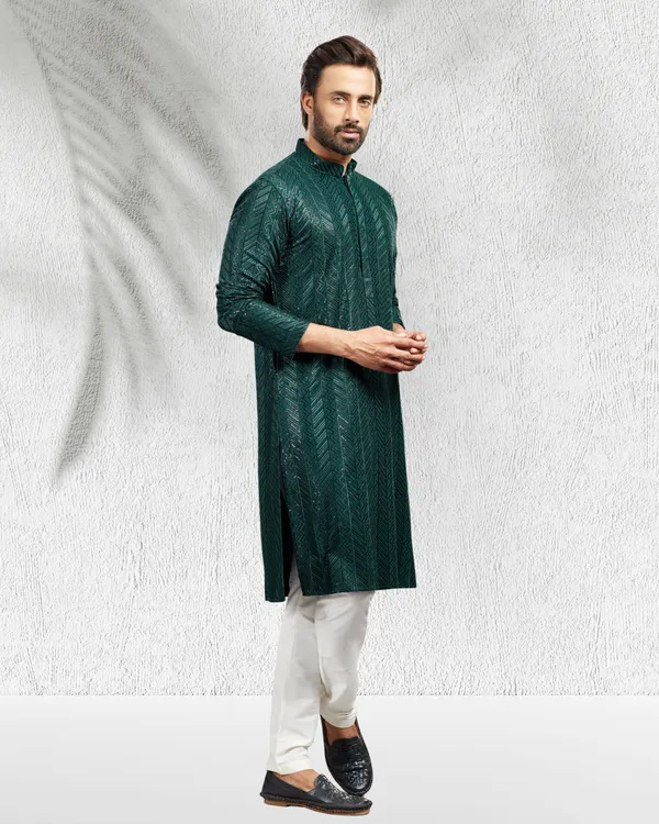Bottle_Green_Sequins_Embroidery_Kurta_&_Pajama_Set_|_For_Men