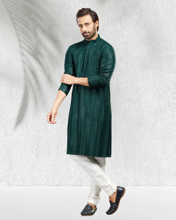 Bottle_Green_Sequins_Embroidery_Kurta_&_Pajama_Set_|_For_Men
