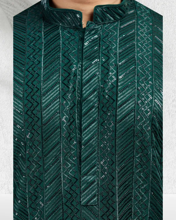 Bottle_Green_Sequins_Embroidery_Kurta_&_Pajama_Set_|_For_Men