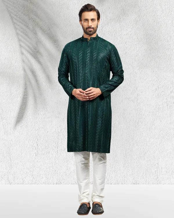 Bottle_Green_Sequins_Embroidery_Kurta_&_Pajama_Set_|_For_Men