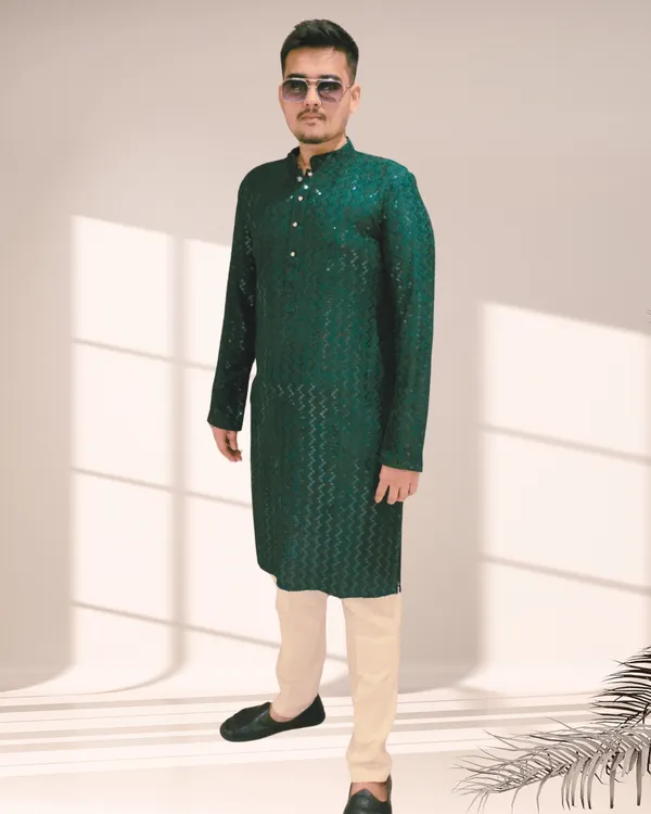 Bottle_Green_Shimmery_Sequin_Rayon_Kurta_&_Pajama_Set_|_For_Men
