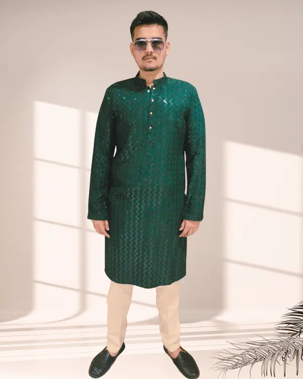 Bottle_Green_Shimmery_Sequin_Rayon_Kurta_&_Pajama_Set_|_For_Men