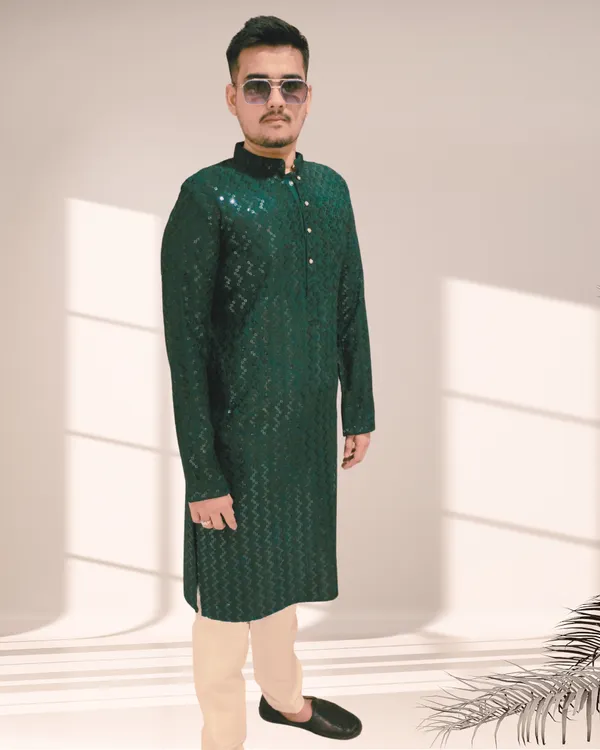 Bottle_Green_Shimmery_Sequin_Rayon_Kurta_&_Pajama_Set_|_For_Men