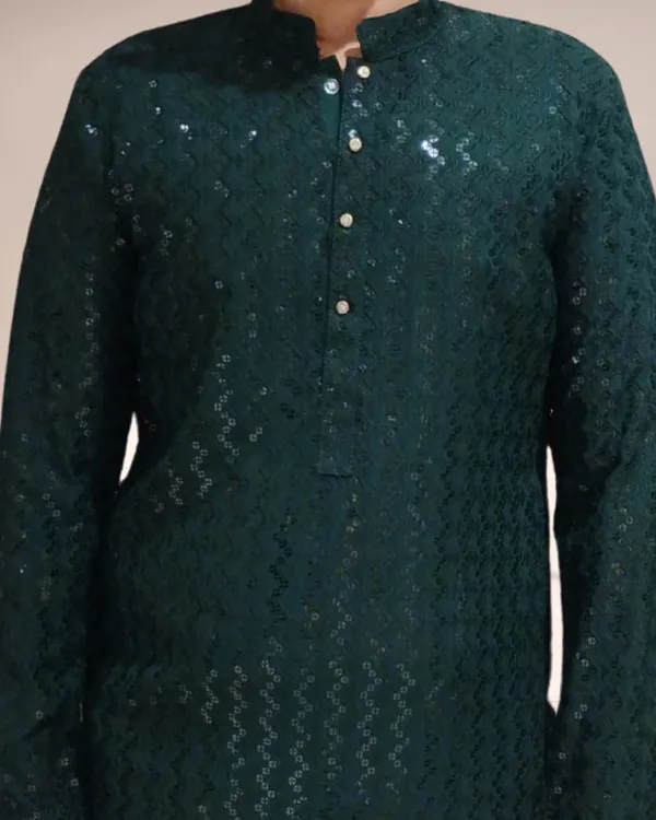 Bottle_Green_Shimmery_Sequin_Rayon_Kurta_&_Pajama_Set_|_For_Men