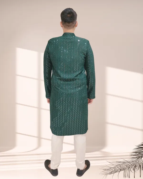 Bottle_Green_Shimmery_Sequin_Rayon_Kurta_&_Pajama_Set_|_For_Men