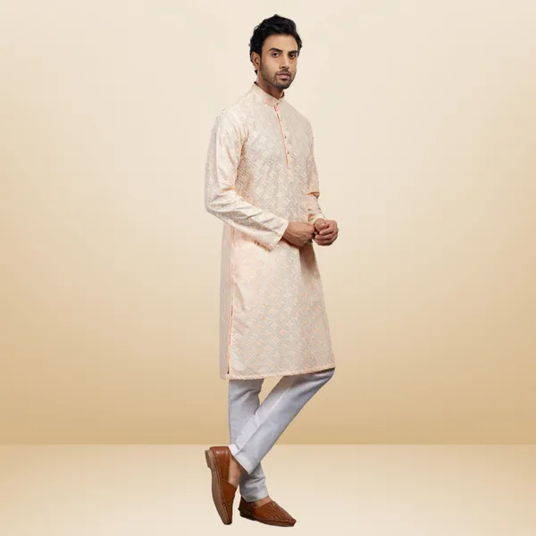 Peach_Lucknowi_Cotton_Kurta_|_For_Men