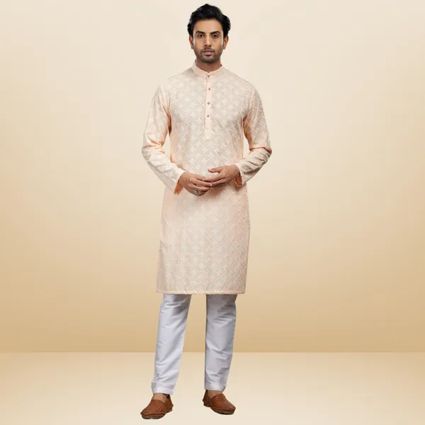 Peach_Lucknowi_Cotton_Kurta_|_For_Men