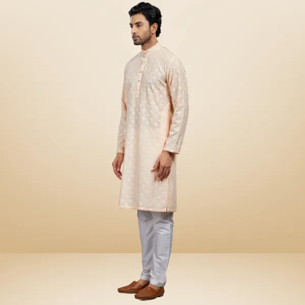 Peach_Lucknowi_Cotton_Kurta_|_For_Men