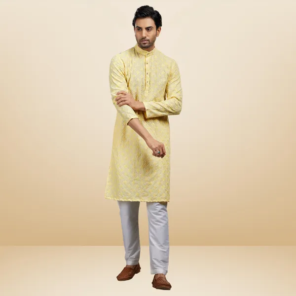 Yellow_Lucknowi_Cotton_Kurta_|_For_Men