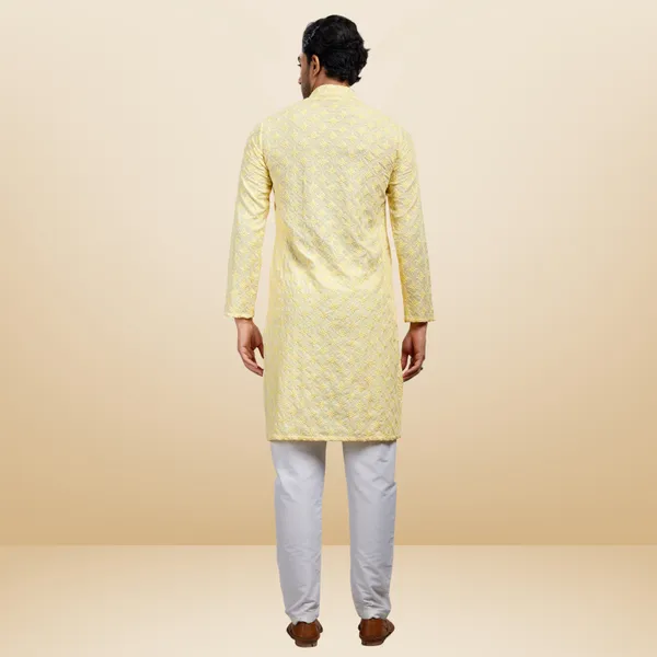 Yellow_Lucknowi_Cotton_Kurta_|_For_Men