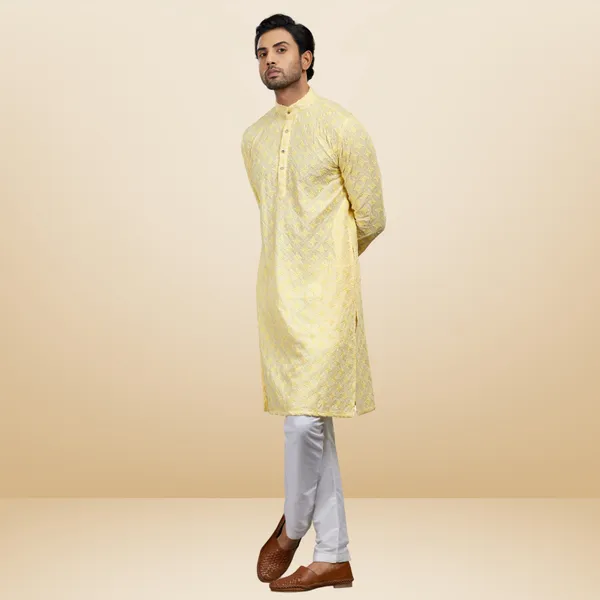 Yellow_Lucknowi_Cotton_Kurta_|_For_Men