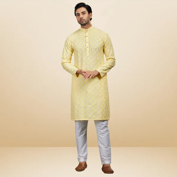 Yellow_Lucknowi_Cotton_Kurta_|_For_Men
