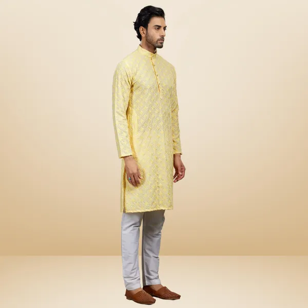Yellow_Lucknowi_Cotton_Kurta_|_For_Men