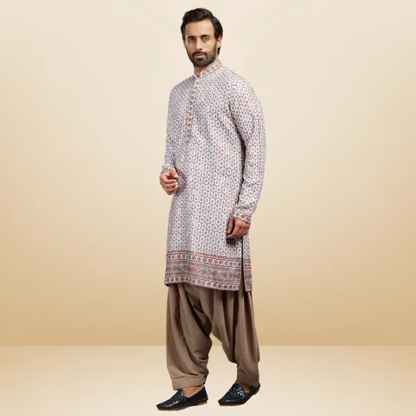 Peach_Cotton_Rayon_Embroidered_Kurta_&_Patiala_Set_|_For_Men
