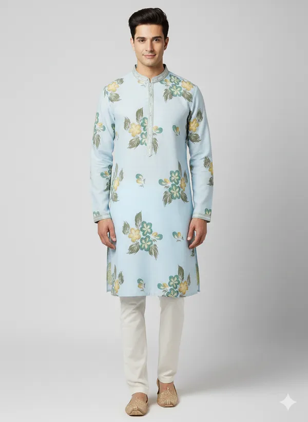Light_blue_kurta_featuring_artistic_floral_brush_prints_for_mens