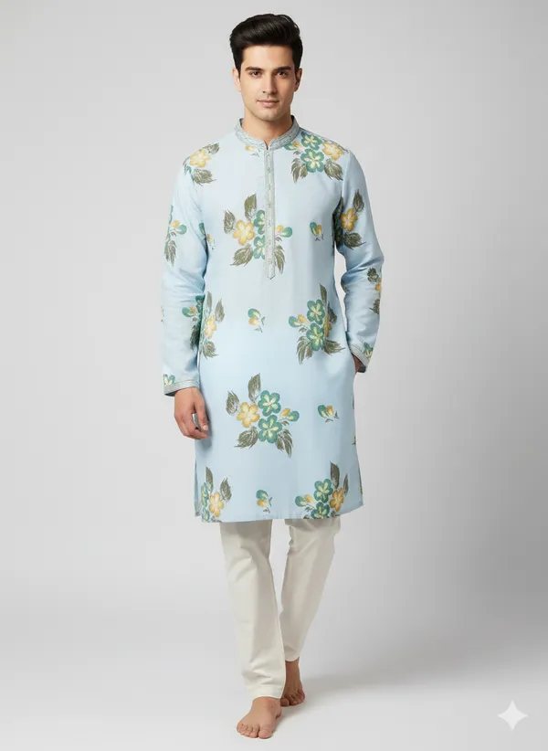 Light_blue_kurta_featuring_artistic_floral_brush_prints_for_mens