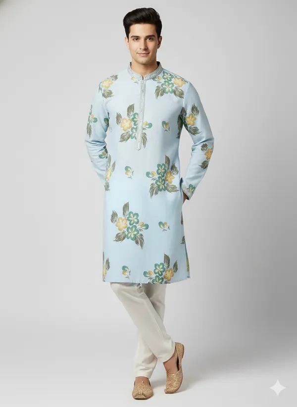 Light_blue_kurta_featuring_artistic_floral_brush_prints_for_mens