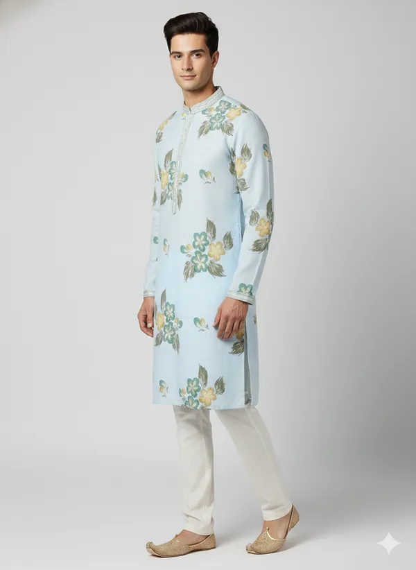 Light_blue_kurta_featuring_artistic_floral_brush_prints_for_mens